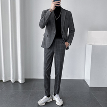 Autumn new plaid high sense suit suit men Korean version of trend Ruby handsome self-cultivation design sense niche suit two-piece suit