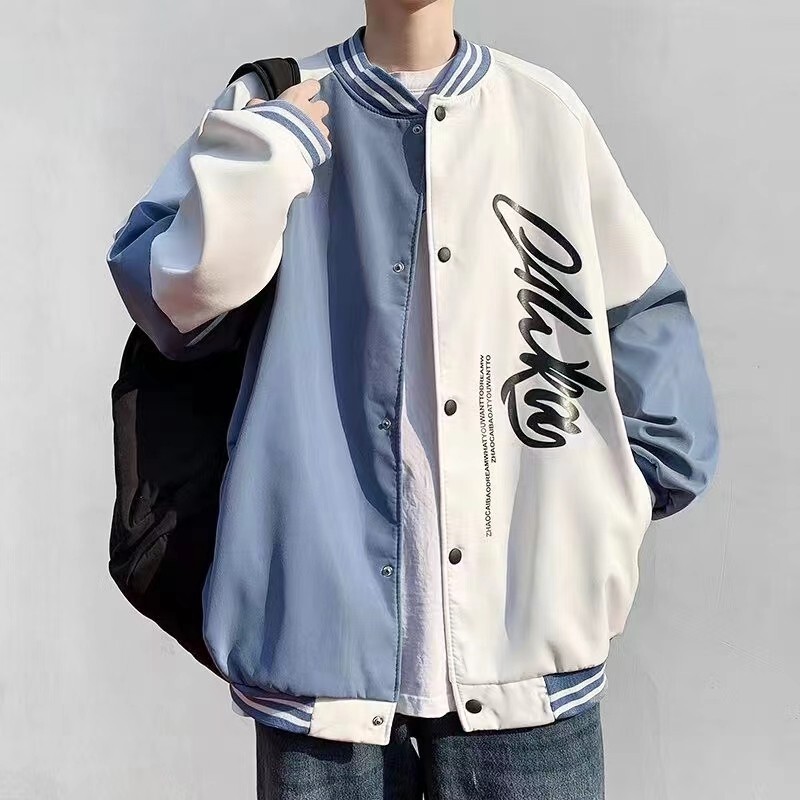 2026 New Baseball Jacket for Men, Spring and Summer Hong Kong Style, Trendy Color-Blocking Print, Fleece-Lined Jacket for Middle and High School Students