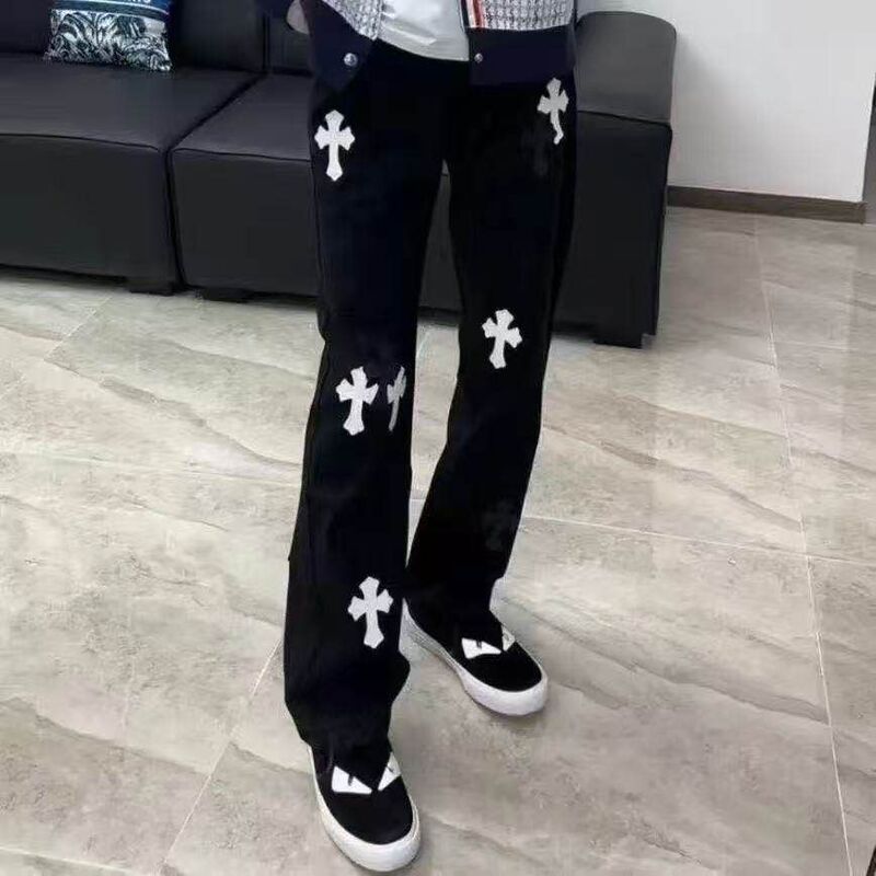 Cross Embroidery Jeans for Men and Women, New Summer American High Street Style Pants, Trendy Brand, Cool Street Style, Slightly Flared Long Pants
