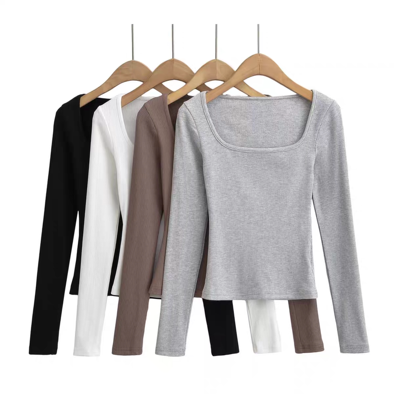 【European and American Style】Wanwan Youyi Women's Autumn Brushed Fleece Square-Neck Slimming Long-Sleeve T-Shirt 0.18kg2224