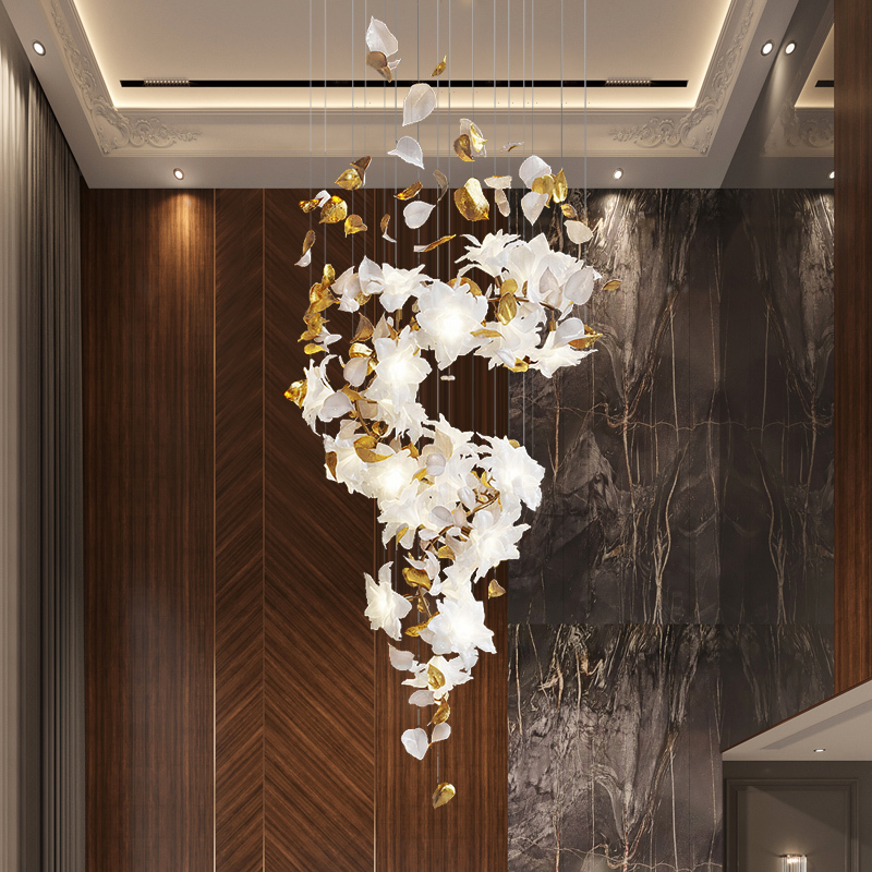 Chandelier for Duplex Building with Hollow Staircase, Villa Chandelier, High-Ceiling Living Room Lamp, Crystal Lamp, Artistic Light Luxury, High-End Irregular-Shaped Copper Lamp