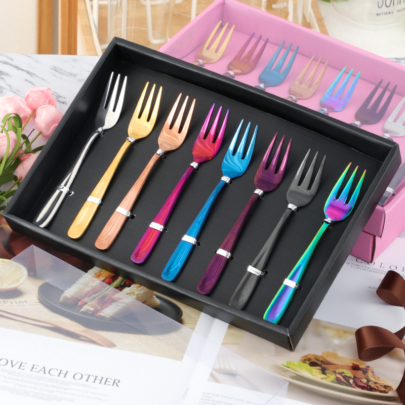 304 stainless steel Fruit fork 8 Gift Box Fit Three Teeth Fork Fruit Sign