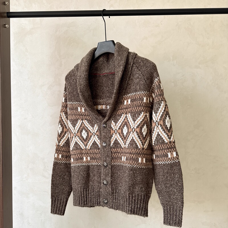 【B&C Heavyweight】William Chan's Same Style Peruvian Alpaca Blend Fair Isle Green Fruit Collar Knitted Cardigan Sweater