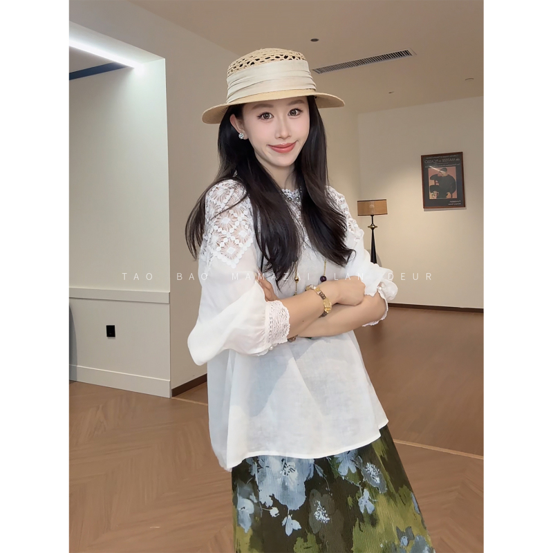 Mama Zai [Manwu Mountain Gardenia] Design-Inspired Lace Hollow-Out Patchwork Versatile Age-Reducing Shirt Top for Women
