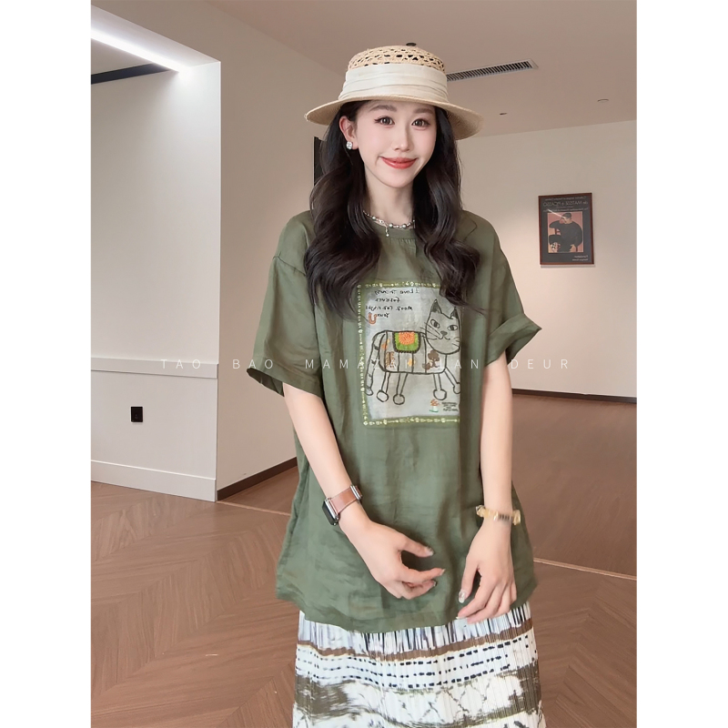 Mama Zai [Cold Pomelo Light Cool] Fashionable Casual Cartoon Print Loose Women's Versatile Slimming Short-Sleeve Top