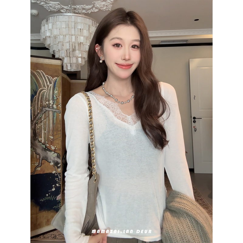Mama Zai [Moxianxiang] Pure Desire Style Lace Patchwork Elegant Slimming T-Shirt