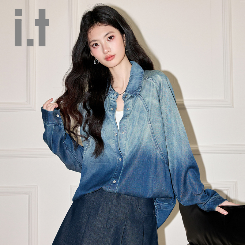 Chocoolate Retro Gradient Denim Shirt for Women, Spring and Autumn, Loose Fit, Slimming, Unique Design, Niche Top Chocoolate Retro Gradient Denim Shirt for Women, Spring and Autumn, Loose Fit, Slimming, Unique Design, Niche Top
