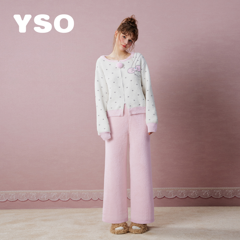 Yso【Gift Series】Women's Autumn and Winter Half-Fleece Cardigan, Plush and Sweet, Can Be Worn Outside, Homewear Set D