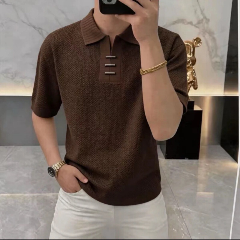 [Instant Discount of 100 Yuan When Placing an Order] Summer Men's Old Money Style Melard Brown Lapel Short-Sleeve Polo Shirt, Quality Men's Clothing