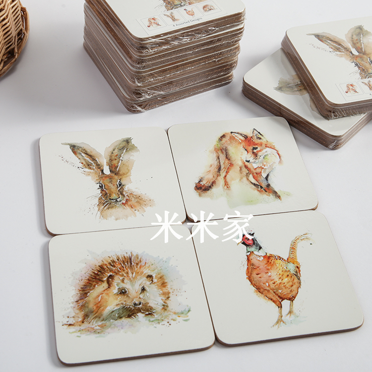 Export British single ~ animal forest decorative painting cork waterproof tea coaster anti-scalding pad heat insulation coaster 4 pieces