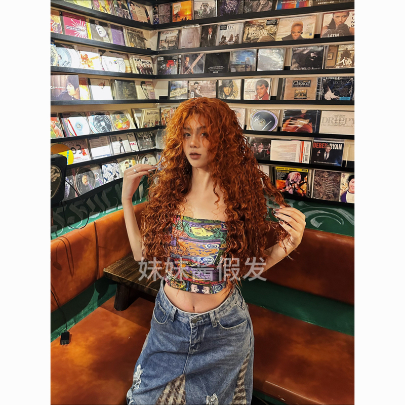 Latin American Style Wig, Dirty Orange Color, Middle Part, European and American Style, Bubble Head, Wool Curls, Fluffy, Realistic American Style, Full Head Wig