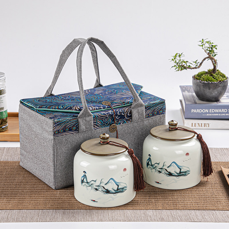 Ceramic tea can sealed jar half a pound storage jar will be hand in hand embroidery cloth bag souvenir tea packaging box