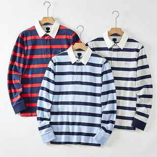 Australian foreign trade 100 cotton washable breathable autumn men's versatile long sleeve striped polo shirt contrast collar t-shirt