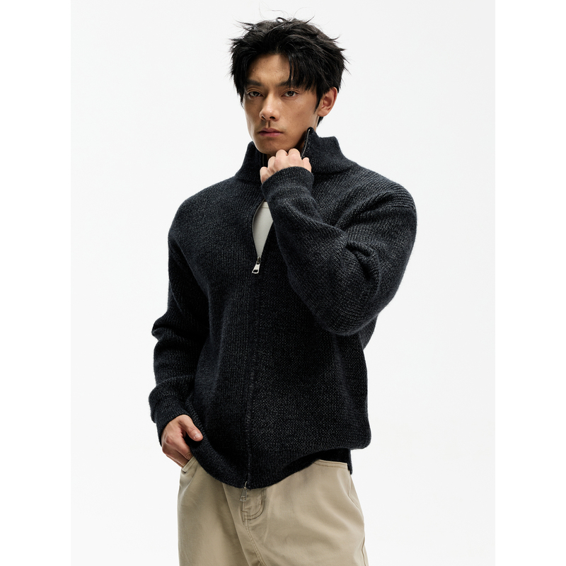 Day Ny Heavy Thick Ribbed Texture Sweater Jacket for Men, Autumn and Winter, Atmospheric Stand-Up Collar Knit Cardigan Top