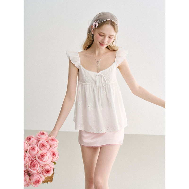 Sea Salt Sugar Yuju Original Lace-Up Flutter Sleeve Shirt French White Embroidered Loose Women's Top