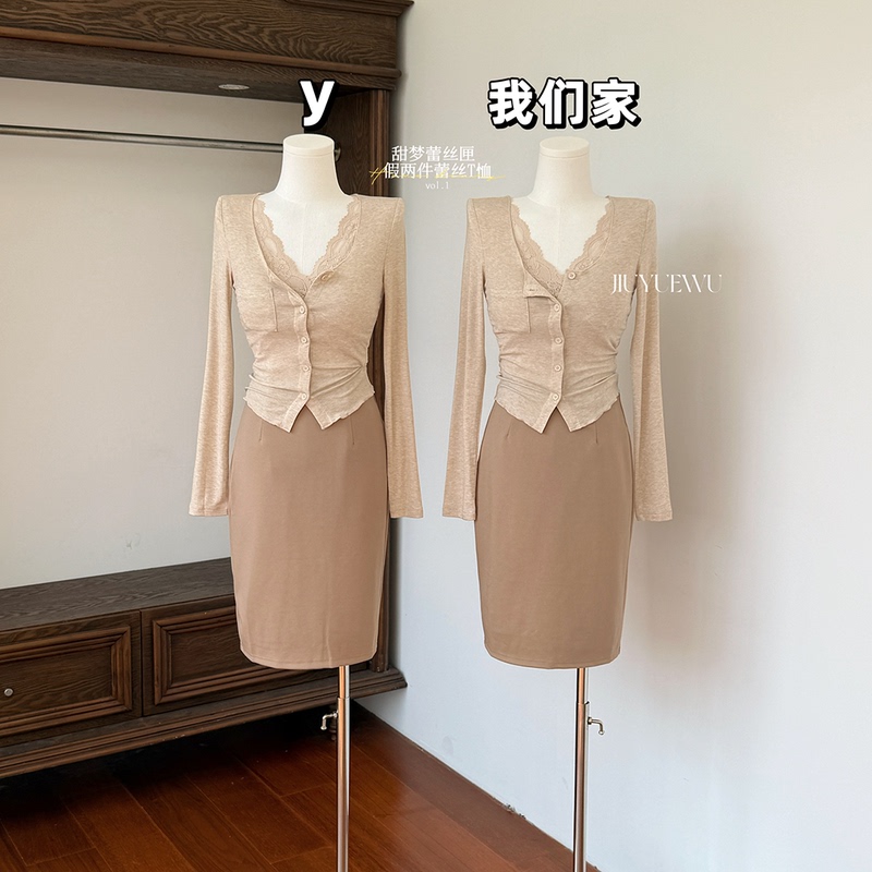 September Five Sweet Dream Lace Lyocell/Wool Fake Two-Piece T-Shirt for Women Spring Pure Desire Lace Top
