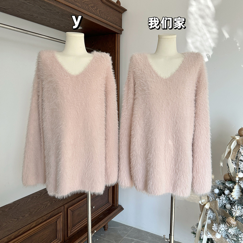 Pink Sweater for Women, Autumn and Winter, Lazy Style, Loose and Soft, V-Neck Pullover, Mink Velvet, Gentle and Atmospheric Knitwear, Thick