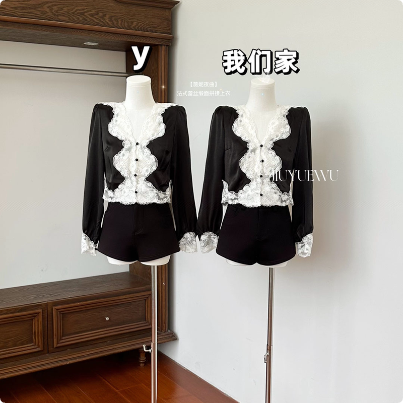 September Five【Winnie Nocturne】Heavy-Duty French Lace Satin Patchwork Top for Women, Exquisite and Slightly Sexy Shirt September Five【Winnie Nocturne】Heavy-Duty French Lace Satin Patchwork Top for Women, Exquisite and Slightly Sexy Shirt