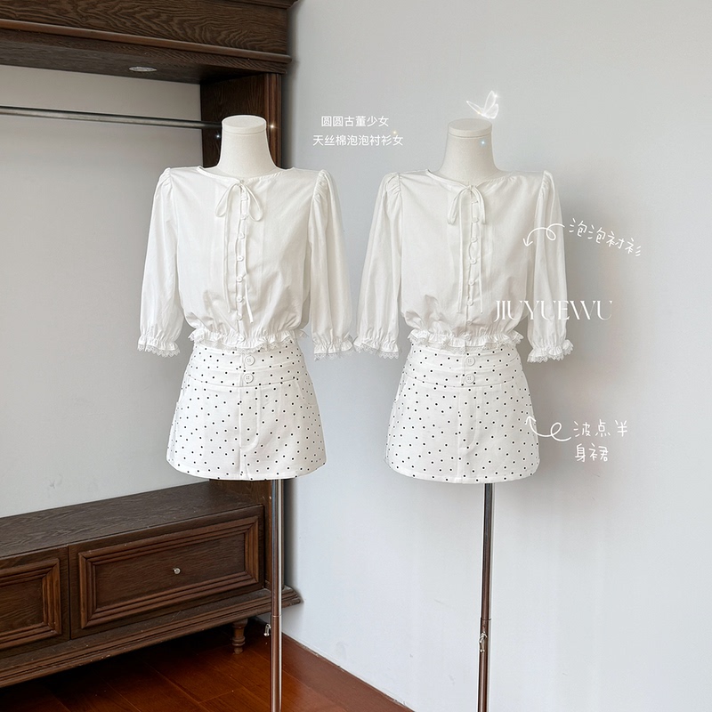 Jiuyuewu Yuanyuan Antique Girl Tencel Cotton Bubble Shirt Women's Summer Patchwork Hollow Lace Pure Desire Top Jiuyuewu Yuanyuan Antique Girl Tencel Cotton Bubble Shirt Women's Summer Patchwork Hollow Lace Pure Desire Top