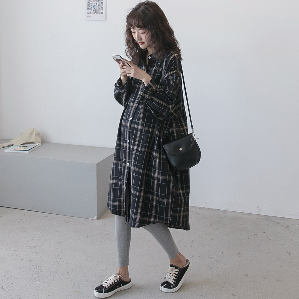 Pregnant women spring dresses Long-sleeved tops Pregnant cotton mid-length casual spring and autumn plaid shirt cardigan jacket