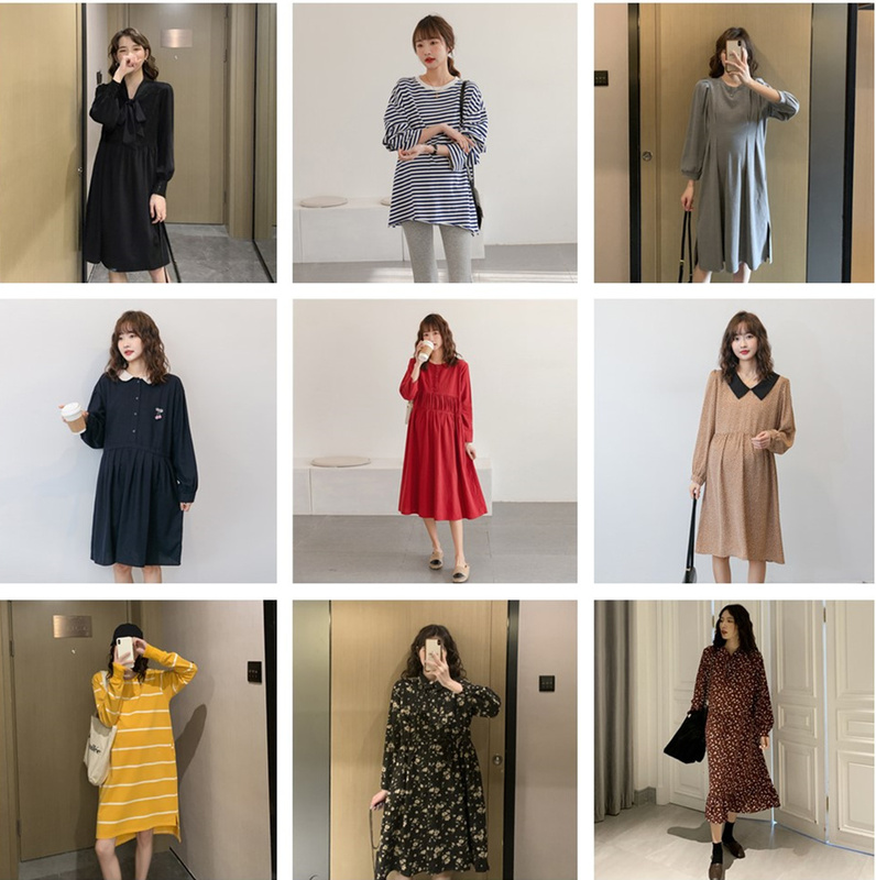 R【Seasonal Clearance】Maternity Shirt Top Korean Style Mid-Length Spring and Autumn Dress