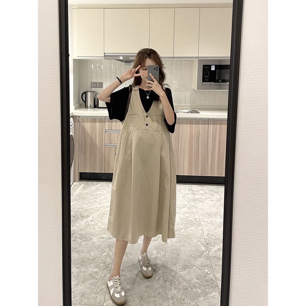 Design Sense Gestation Maternity Dress Summer Vest Skirt Suit Yard Wind T-shirt Salt Tie Ocean Dress Boomer Retro Wind Two-piece Set