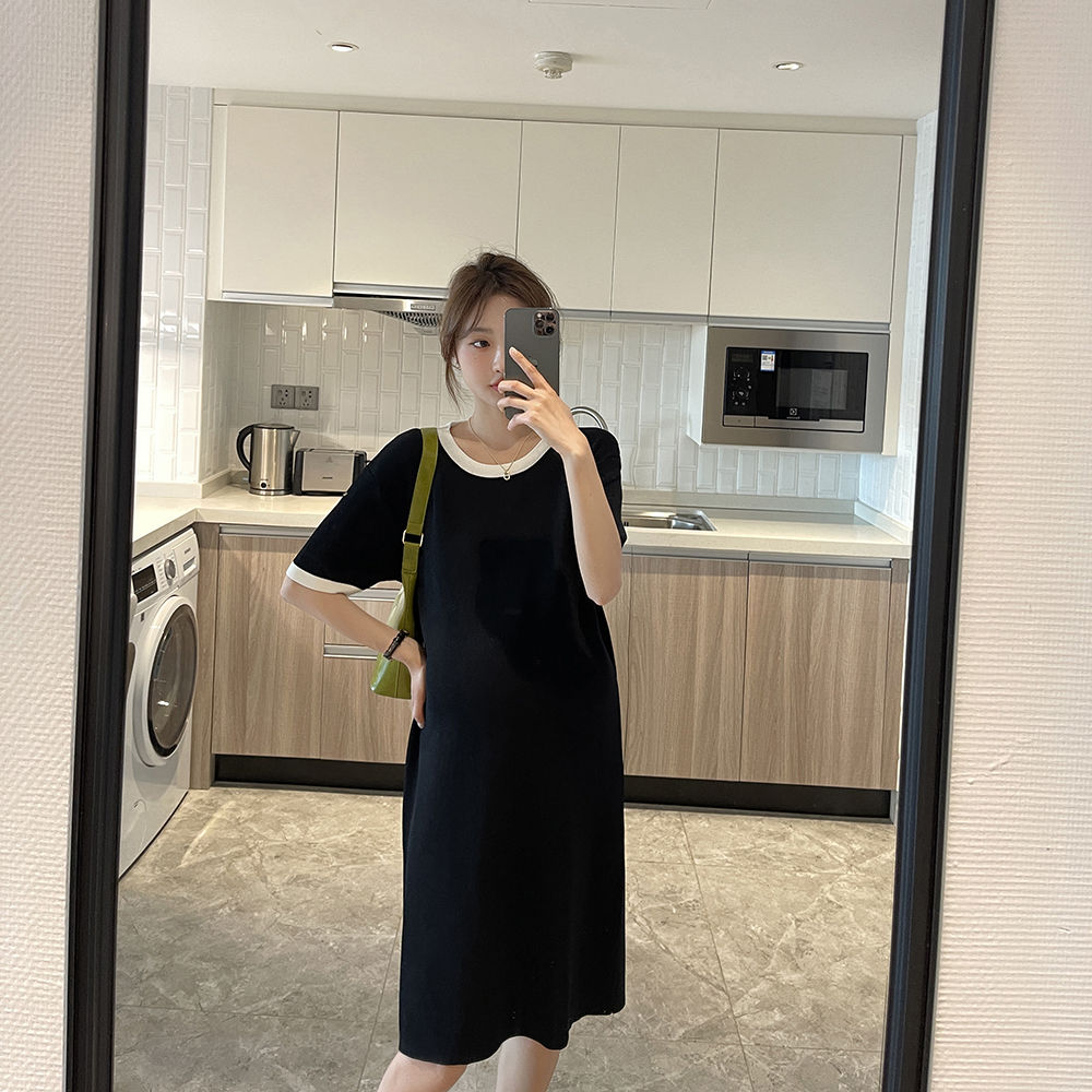 Private Clothing ~ Pregnant Woman Summer Clothing 2022 South Korea Brief Atmosphere Ice Silk Black Thin Lean and Colored Round Collar Short Sleeve Ocean Dress