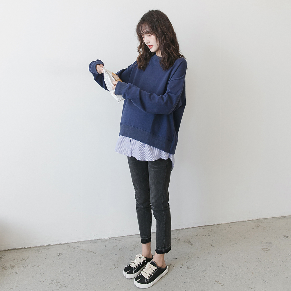 Pregnant women spring fashion suit Han edition T-shirt pure cotton large size loose coat long sleeve stripes fake two shirt tide