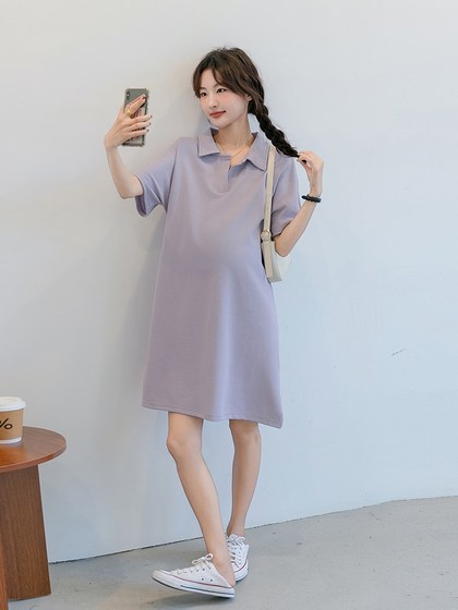 诺初孕妇连衣裙夏季紫色遮肚翻领T恤裙夏装上衣宽松休闲直筒裙子