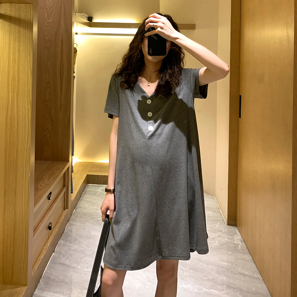 Summer pregnant women cotton T-shirt fashion breastfeeding dress solid color loose size Korean version of medium long tide mom casual dress
