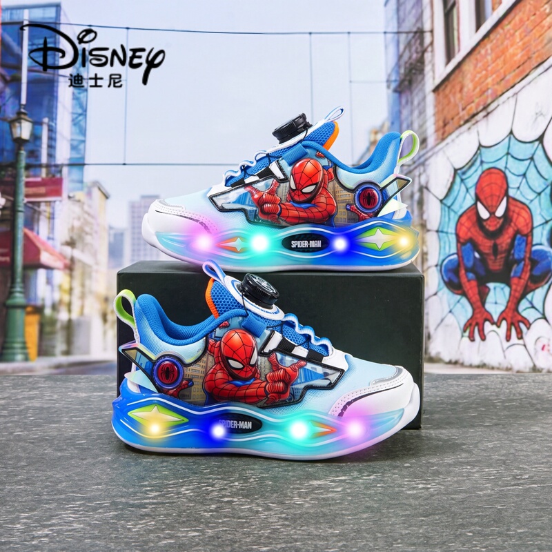 Disney Spider-Man Boys' Flashing Shoes 2026 Autumn New Waterproof Leather Button Light-Up Children's Sports Shoes