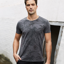 Mens round neck short sleeve T-shirt summer washed old Japanese retro printed pattern cotton Korean slim half sleeve shirt t