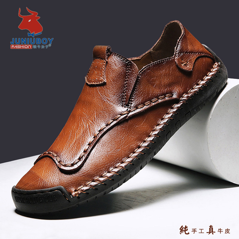 Flowers Flowers Bull Bull spring genuine leather handmade casual leather shoes Men's Beans Shoes Youth Inglées Breathable Driving Men's Shoes