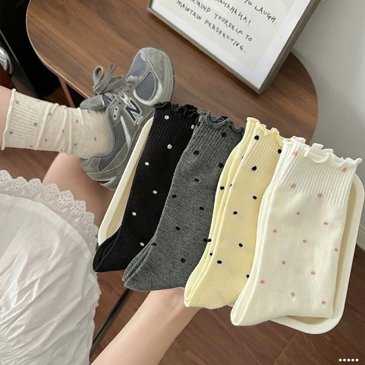 Women's Mid-Calf Socks, Korean Style, Trendy Polka Dot Ruffled Socks, Autumn and Winter High-Top Student Anti-Odor Long Socks Women's Mid-Calf Socks, Korean Style, Trendy Polka Dot Ruffled Socks, Autumn and Winter High-Top Student Anti-Odor Long Socks