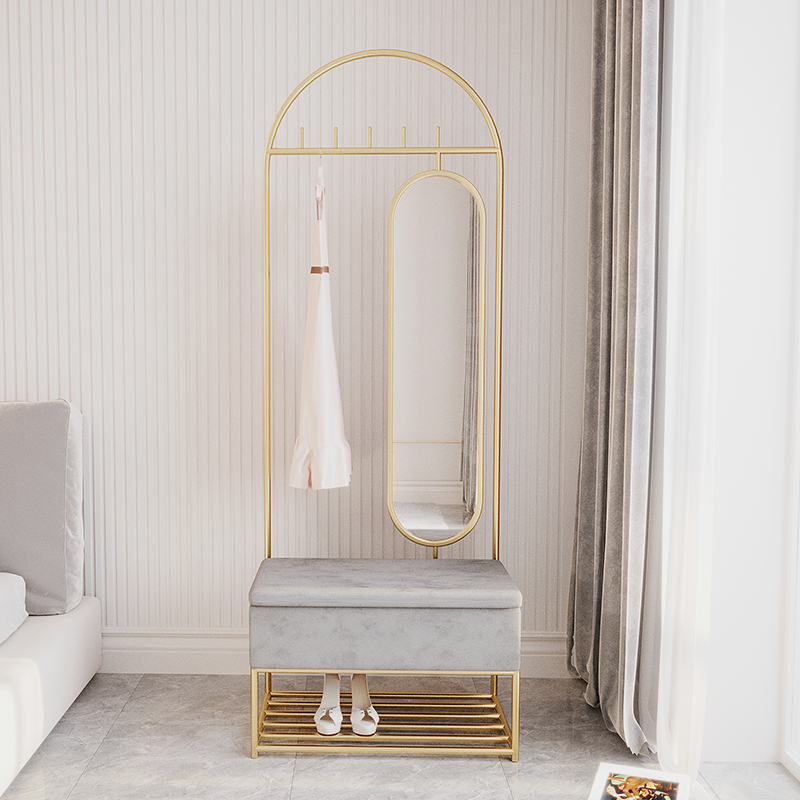 Simple light lavish hood rack floor hanging hanger with mirror integrated accommodating stool with shoe rack full body mirror full body mirror