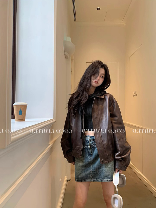 Coffee Block Vintage Melard Sheepskin Genuine Leather Jacket High-End Fashion Lapel Haining Leather Jacket