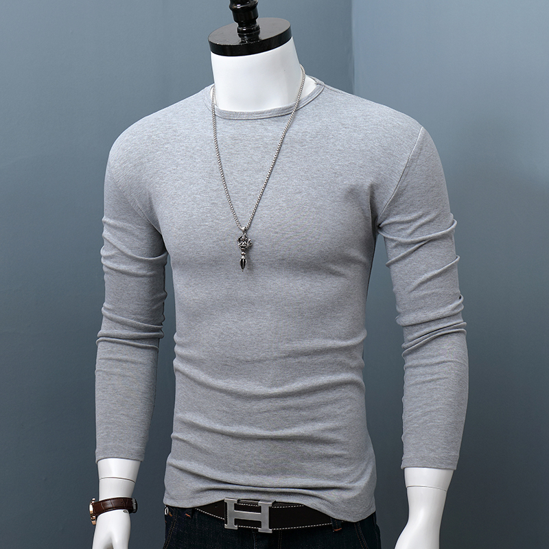 Round Neck Long-Sleeved Bottoming Shirt for Men, Cotton, Autumn and Winter, Large Size, Slim Fit, Solid Color, Breathable, Simple, Large Size T-Shirt Top