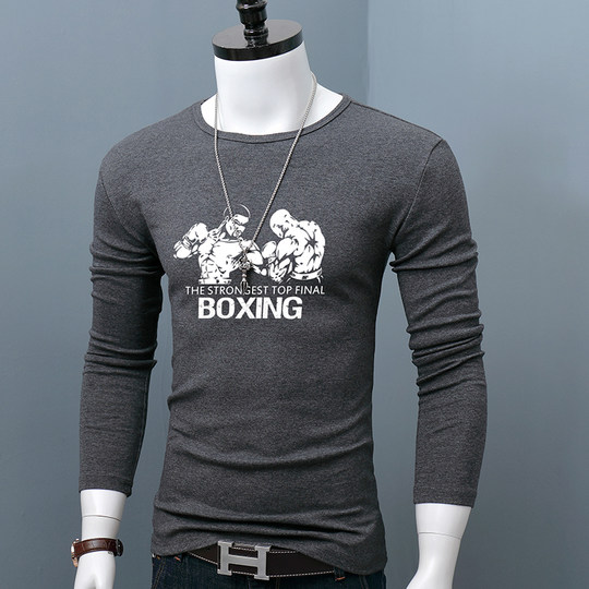 长袖T恤圆领男青年棉质百搭打底衫简约修身弹力体恤潮流印花青春