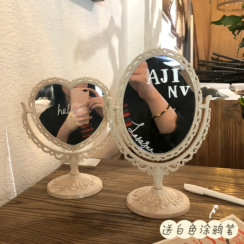ins wind au style retro mirror makeup mirror mesh red desktop cosmetic mirror girl hearts desktop bifacial princess mirror
