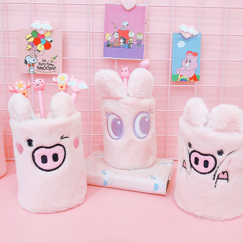 Young girl's heart pen holder student cute furry rabbit ear containing cylinder makeup brush finishing soft girl cute pen holder-Taobao