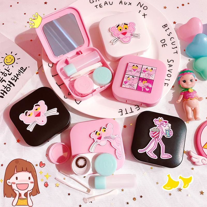 Powder Pink Adolescent Girl Contact Lens Box Silly Leopard Beauty Pupil Box Double near view eye mirror Care box portable companion box