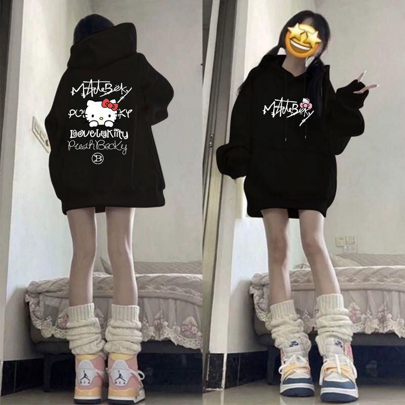 American High Street Style Hello Kitty Printed Hooded Sweatshirt for Students, Fleece-Lined for Autumn and Winter American High Street Style Hello Kitty Printed Hooded Sweatshirt for Students, Fleece-Lined for Autumn and Winter
