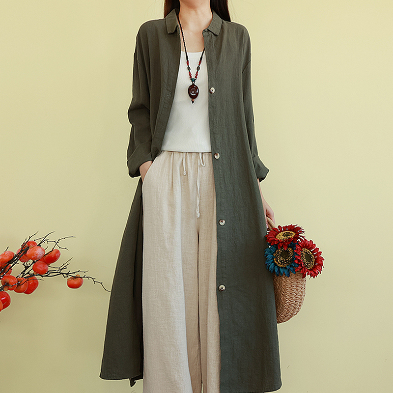 Discount ~ Women's Shirt Dress, Plus Size, Artistic New Style, Autumn, Loose, Thickened, Minimalist Cotton and Linen Cardigan, Trench Coat, Jacket, Dress