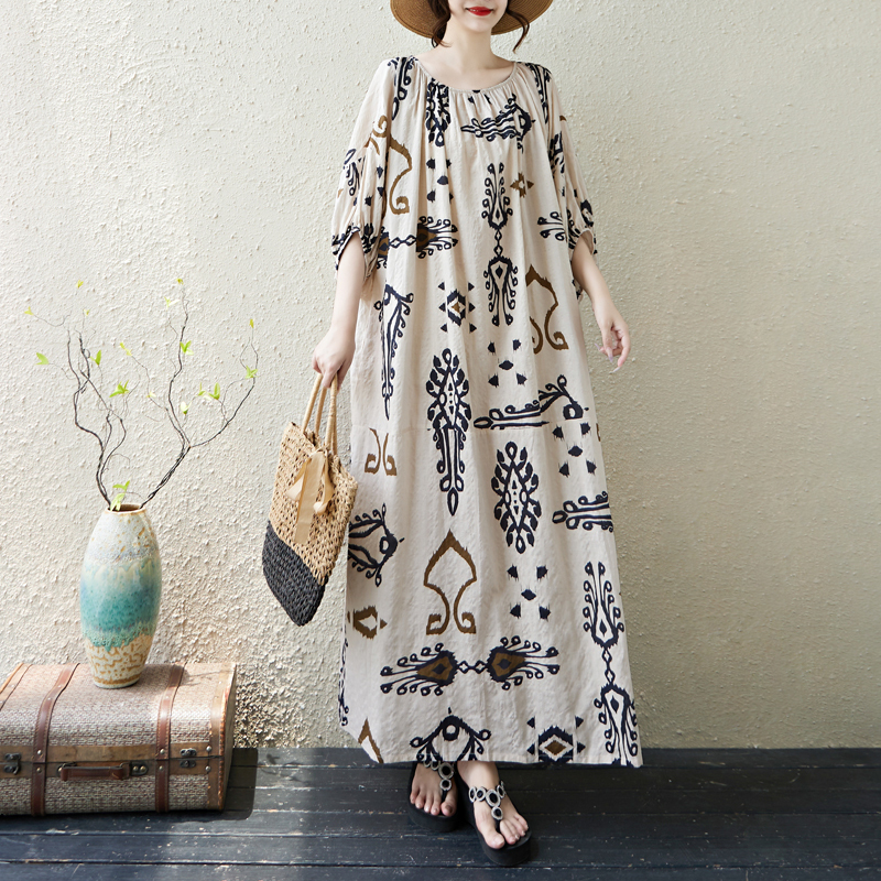 Large Size Artistic Cotton and Linen Printed Dress, Loose Fit, Slimming, Vacation Style Robe, Oversized Lantern Sleeve Long Dress