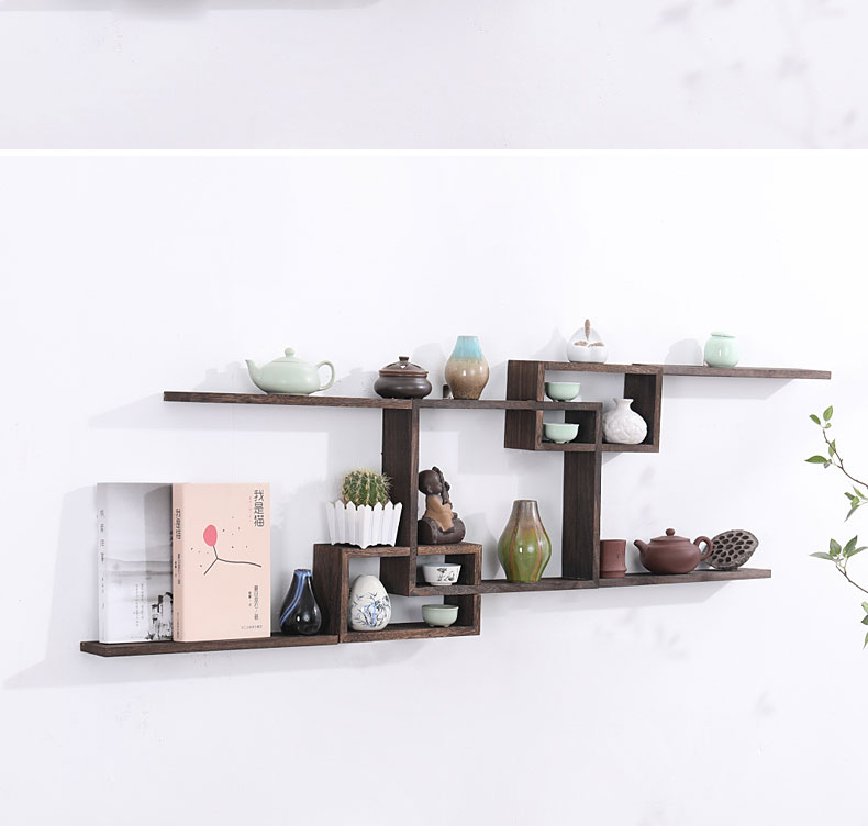 Kệ gỗ treo tường phòng khách treo tường vách ngăn kệ sách kệ sách phong cách Trung Quốc thêm kho báu ấm trà giá - Kệ kệ để sách treo tường