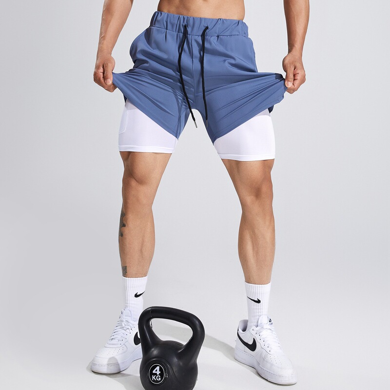 Double-Layer Shorts for Men, Sports Five-Point Shorts with Elastic Lining, Muscle Fitness, Cycling, Casual, Quick-Drying, Breathable, Training, Trendy Brand