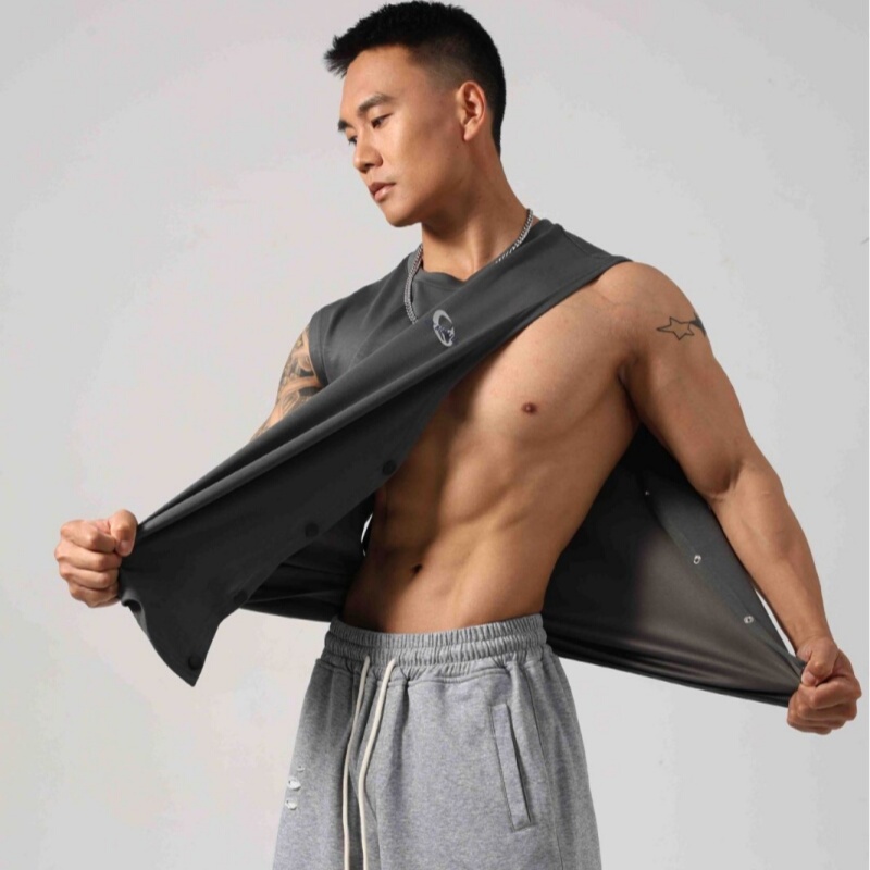 Men's Muscle Fitness Clothing, Sports T-Shirt, Sleeveless Vest, Hidden Buttons, Side Opening, Loose Fit, Casual, Stretchy Cotton, Trendy