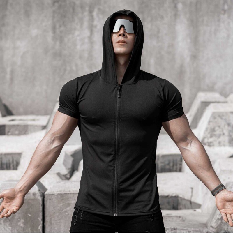 Short-Sleeve Men's Muscle Fitness Hooded Quick-Dry T-Shirt, Ice Silk, Zippered Cuffs, Cardigan, Gym Bro Style
