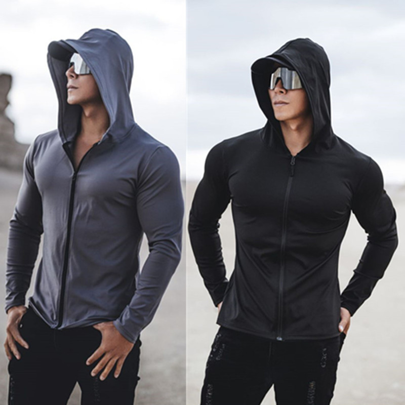 Fitness Clothing Men's Sports Muscle Quick-Drying Hooded Long-Sleeved T-Shirt Zipper Cardigan Cycling Sun Protection Clothing Casual Jacket