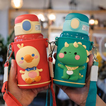 Childrens insulated cup with straw water cup inclined cross male girl elementary school student double cover portable large capacity stainless steel kettle